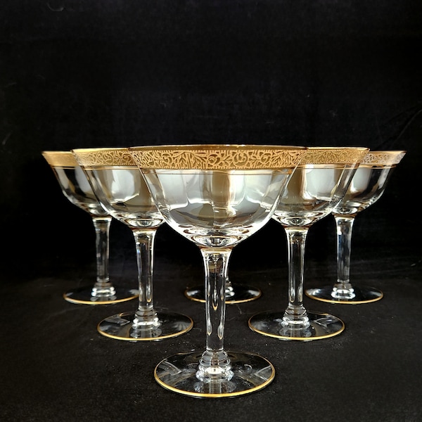 Tiffin Rambler Rose Gold Encrusted Champagne Tall Sherbet Glasses Goblets  ~ Set of 6