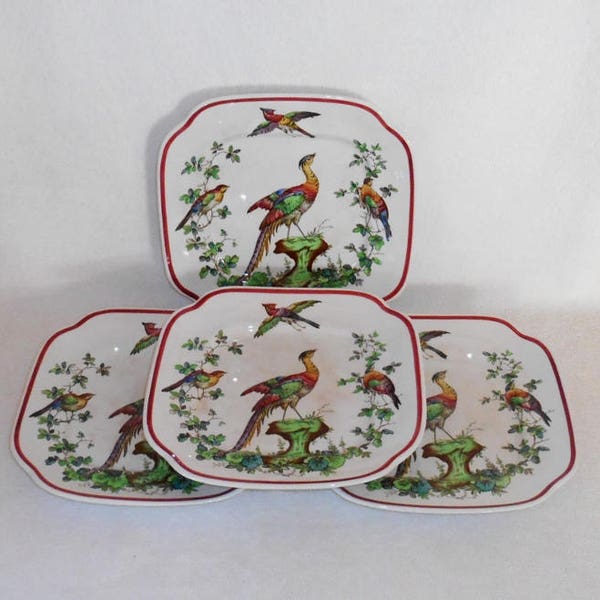Copeland Late Spode Chelsea Birds 8" Square Salad Plates ~ Set of 4 ~ Exotic Bird Multi Color Transferware Group 2