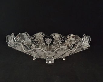 Cambridge Rose Point Etched Crystal Caprice Shape 4 Toed Handled Oval Bowl Elegant Glass