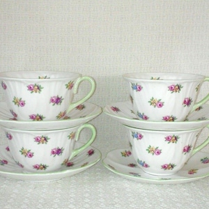 Shelley England Bone China Oleander 4 Cups & 3 Saucers Multicolor Floral Green Rim