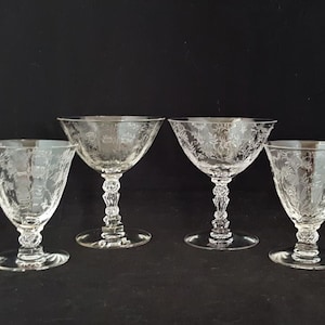 Fostoria Chintz Etched Crystal 4 Piece Group ~ 2 Oyster Cocktails & 2 Champagne Sherbets