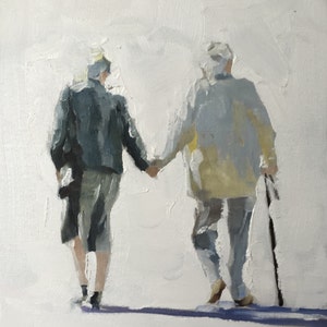 May include: Oil painting of two people walking hand-in-hand, viewed from behind. One person wears a dark jacket and carries a bag, the other wears a light-colored coat and uses a cane. The background is white.