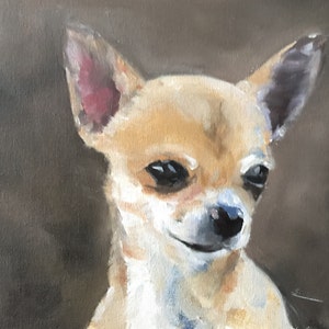May include: A painting of a small, tan and white chihuahua with large, dark eyes. The dog is looking directly at the viewer with a slightly tilted head. The background is a dark brown.