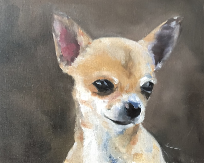 May include: A painting of a small, tan and white chihuahua with large, dark eyes. The dog is looking directly at the viewer with a slightly tilted head. The background is a dark brown.