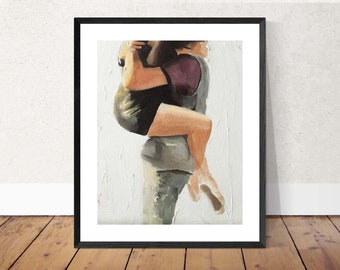May include: A painting of a couple embracing. The man is holding the woman in his arms, and she is leaning her head on his shoulder. The painting is done in a loose, impressionistic style, with a focus on capturing the emotion of the moment.