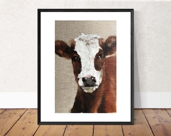 Cow Portrait Print, Farmhouse Wall Art, Original Oil Painting