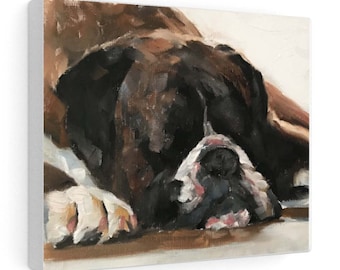 May include: An oil painting on canvas depicts a dog resting. The dog's fur is a mix of brown, black, and white, with visible brushstrokes. The dog's paws and snout are in focus, with a soft, neutral background.