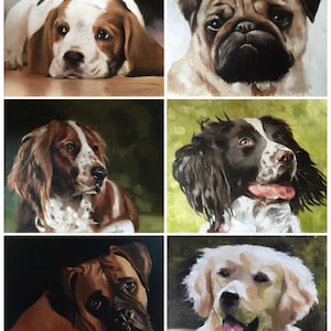 May include: A collection of six oil paintings featuring different dog breeds. The paintings are all in a realistic style and feature close-up portraits of the dogs. The dogs are all different breeds, including a Beagle, a Pug, a Springer Spaniel, a Boxer, and a Golden Retriever.