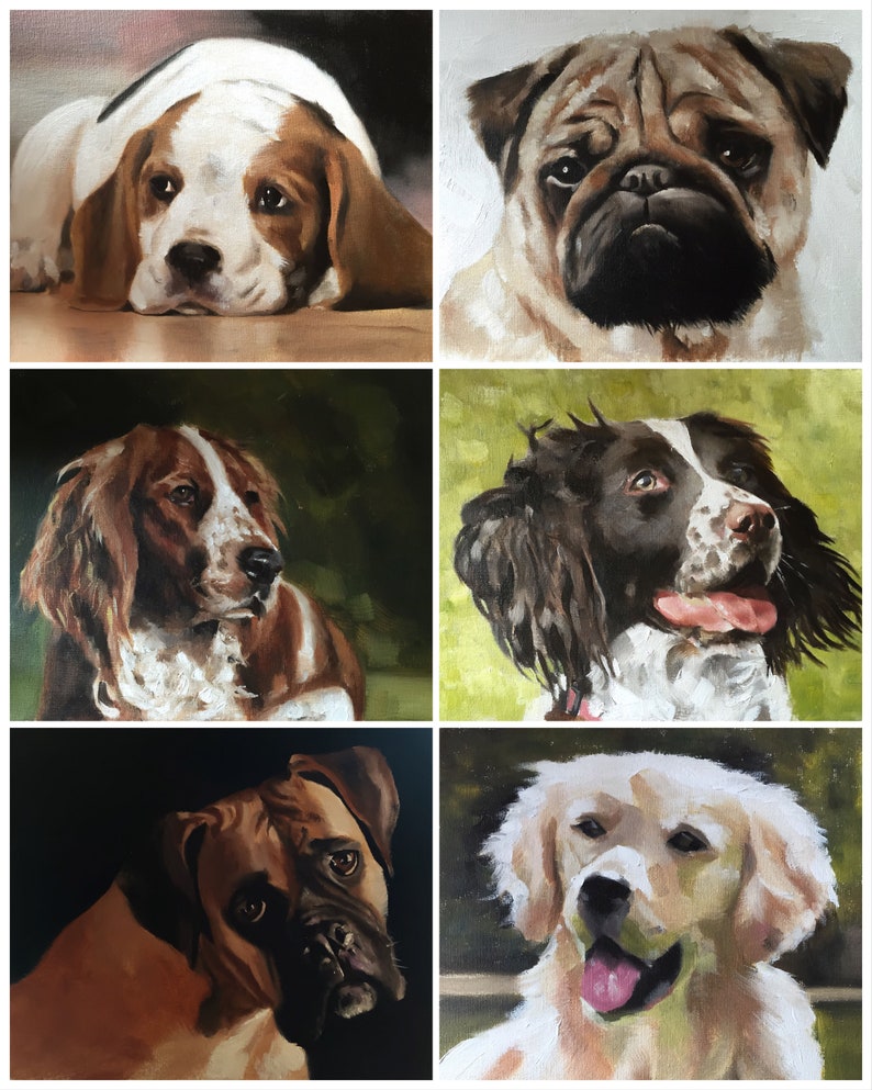 May include: A collection of six oil paintings featuring different dog breeds. The paintings are all in a realistic style and feature close-up portraits of the dogs. The dogs are all different breeds, including a Beagle, a Pug, a Springer Spaniel, a Boxer, and a Golden Retriever.