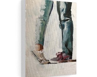 May include: Oil painting on canvas depicting a person's legs in blue jeans and shoes. The painting has a textured, impressionistic style. The shoes are tan and red, and the jeans are a faded blue.