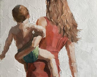 Könnte beinhalten: Ein Ölgemälde auf Leinwand, das eine Person mit langem braunem Haar in einem roten Kleid zeigt, die ein kleines Kind mit braunem Haar in grünen Shorts trägt. Die Pinselstriche sind auf dem weißen Hintergrund sichtbar und strukturiert.