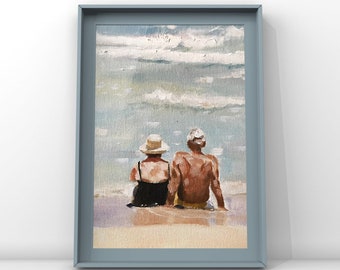 Impresión artística de pareja en la playa: pintura de paisaje marino de bellas artes de James Coates