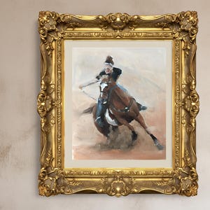 Impresión artística de equitación: pintura al óleo ecuestre sobre lienzo