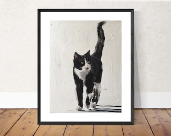 Impresión artística de gato en blanco y negro: lienzo de bellas artes, pintura al óleo original