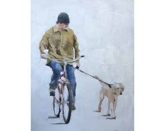 Stampa artistica di uomo in bicicletta con cane: poster artistico, dipinto a olio originale