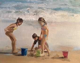 Children on Beach Painting: Fine Art Print or Canvas