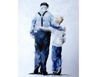 Grandad and Boy Art Print: Original Oil Painting on Canvas
