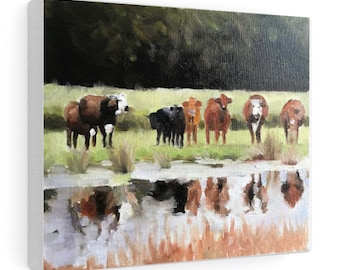 Cow Grazing Painting, Farmhouse Print, Original Oil Painting