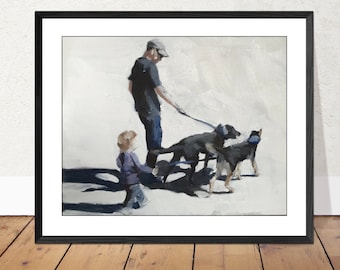 Familie Hund Gassi Gemälde, Fine Art Print, Leinwand oder Original