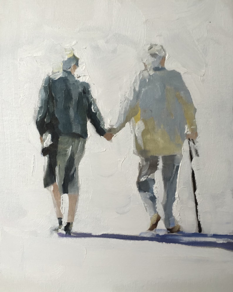 May include: Oil painting of two people walking hand-in-hand, viewed from behind. One person wears a dark jacket and carries a bag, the other wears a light-colored coat and uses a cane. The background is white.