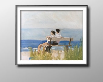 May include: An oil painting framed in black depicts two figures seated on a wooden bench, gazing at the ocean. The artwork features a serene beach scene with blue water, a light sky, and green grass in the foreground. The painting evokes a sense of peace and tranquility.