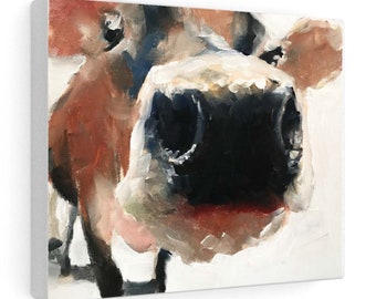 May include: An oil painting on canvas depicts a close-up of a cow's face. The artwork features a black nose, white muzzle, and brown and white fur. The painting has a textured, impressionistic style, with visible brushstrokes and a white background.