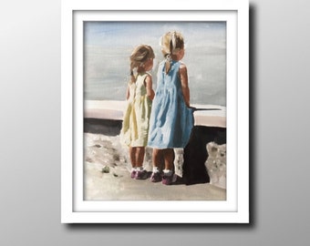 Sisters Painting, best friends Painting, siblings Poster ,Wall art ,Canvas Print - Fine Art - from original oil painting by James Coates