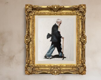 May include: A painting in a gold ornate frame depicts a man in a black suit and blue pants walking with a cane. The background is white with a hint of texture.