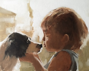 Boy and Dog Art Print: Children's Room Decor