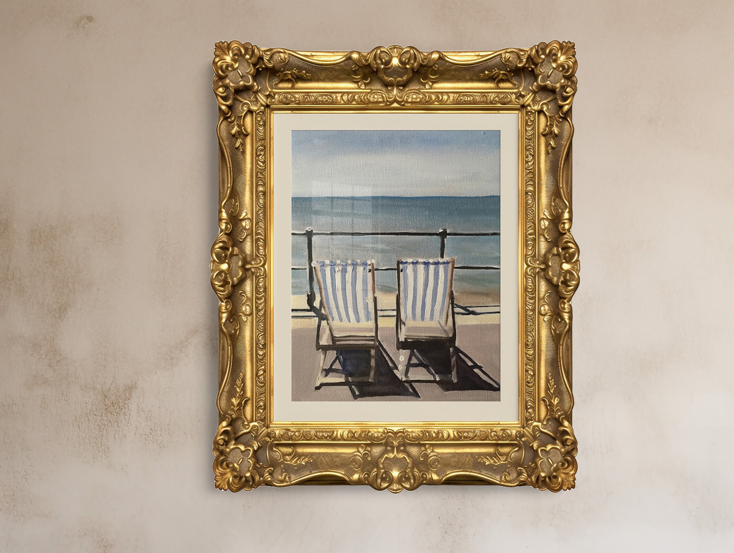 海辺のデッキチェア 2 脚のアートプリント - フレームなしの油絵