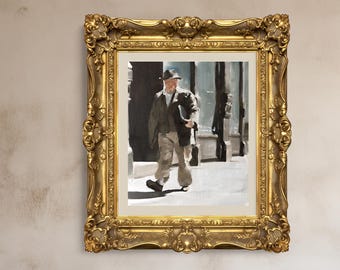 May include: An oil painting in a gold ornate frame depicts a man walking on a city street. The man wears a hat, jacket, and pants. The painting has a vintage aesthetic and is framed in a detailed gold frame.