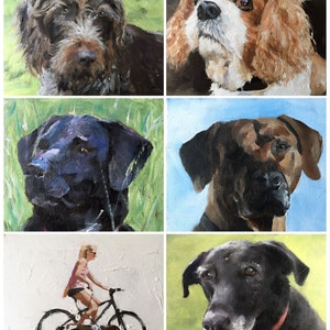 May include: A collage of five paintings featuring different dog breeds. The top left painting shows a brown and white dog with a scruffy coat. The top right painting shows a brown and white dog with long, flowing hair. The bottom left painting shows a black dog with a short, smooth coat. The bottom right painting shows a black dog with a short, smooth coat. The middle painting shows a brown dog with a short, smooth coat.