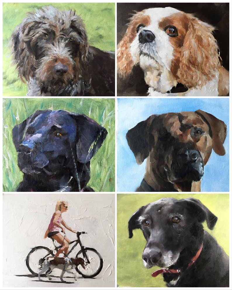 May include: A collage of five paintings featuring different dog breeds. The top left painting shows a brown and white dog with a scruffy coat. The top right painting shows a brown and white dog with long, flowing hair. The bottom left painting shows a black dog with a short, smooth coat. The bottom right painting shows a black dog with a short, smooth coat. The middle painting shows a brown dog with a short, smooth coat.