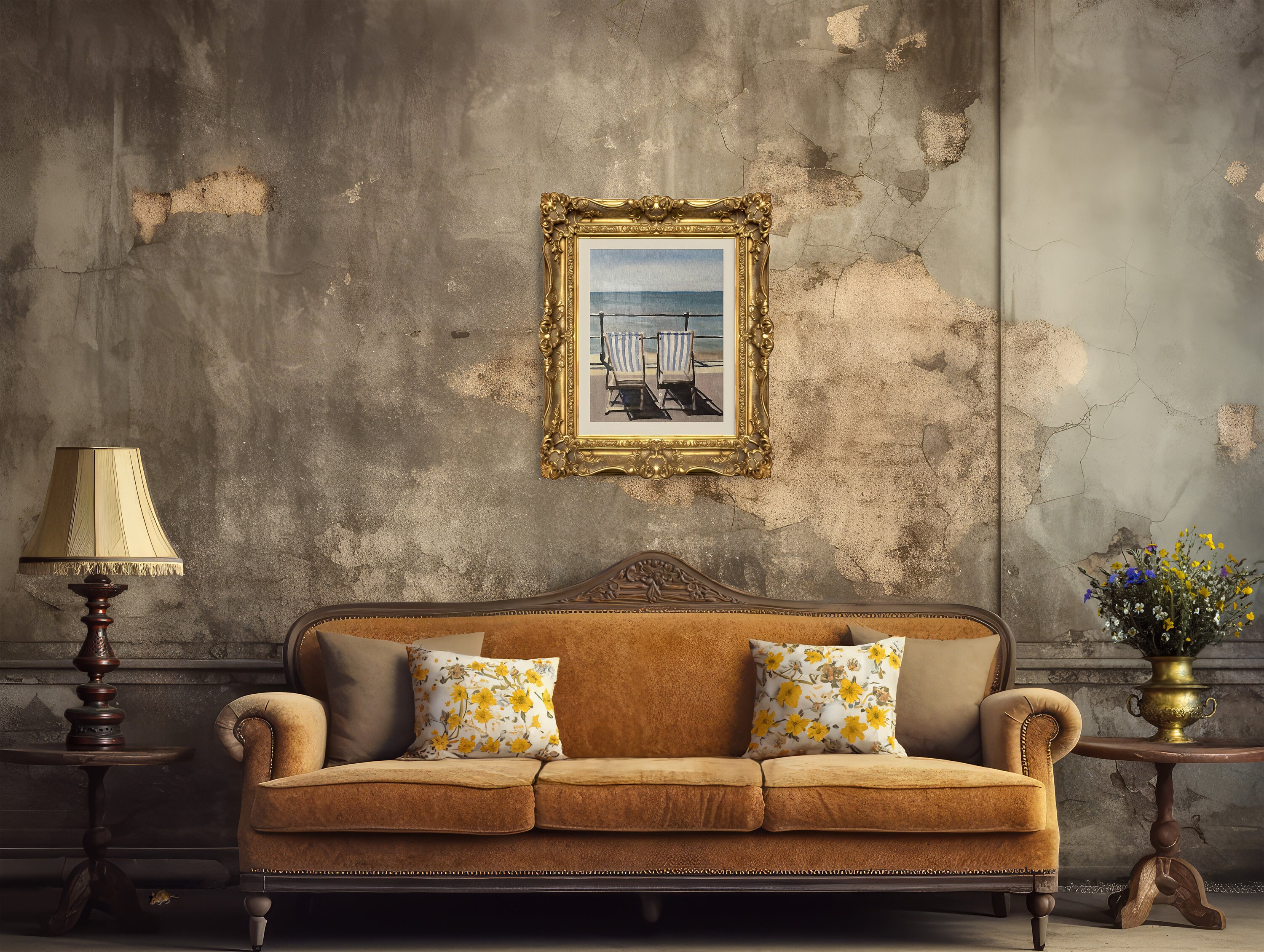 海辺のデッキチェア 2 脚のアートプリント - フレームなしの油絵