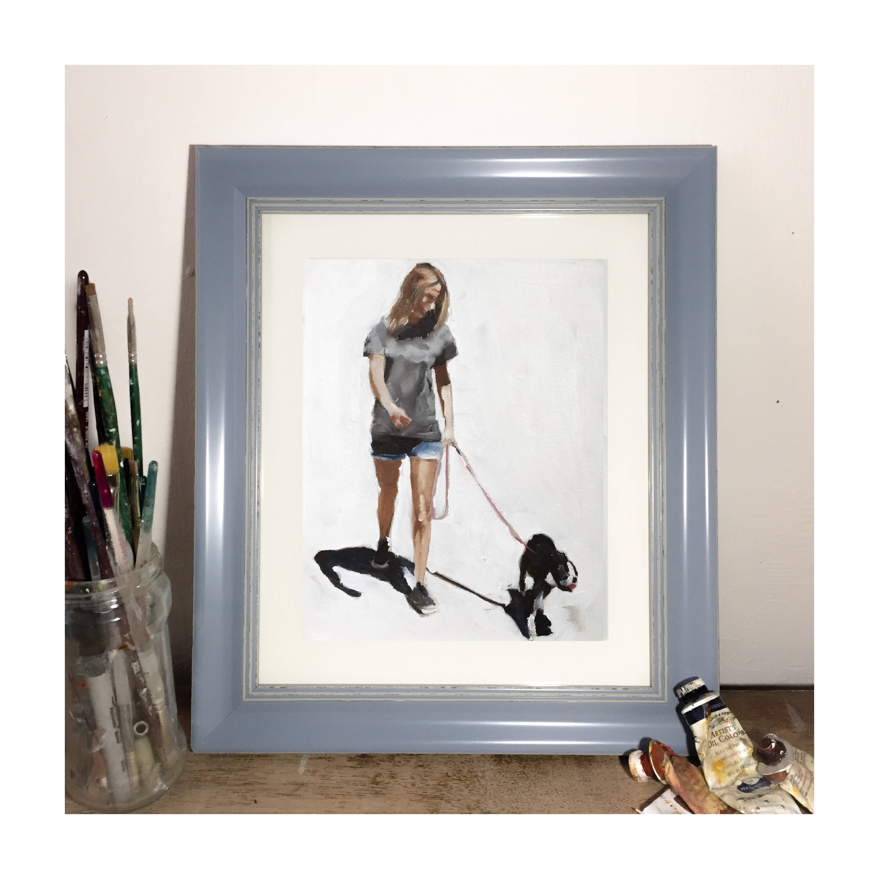 犬の散歩アートプリント：オリジナル油絵、カスタムペットポートレート