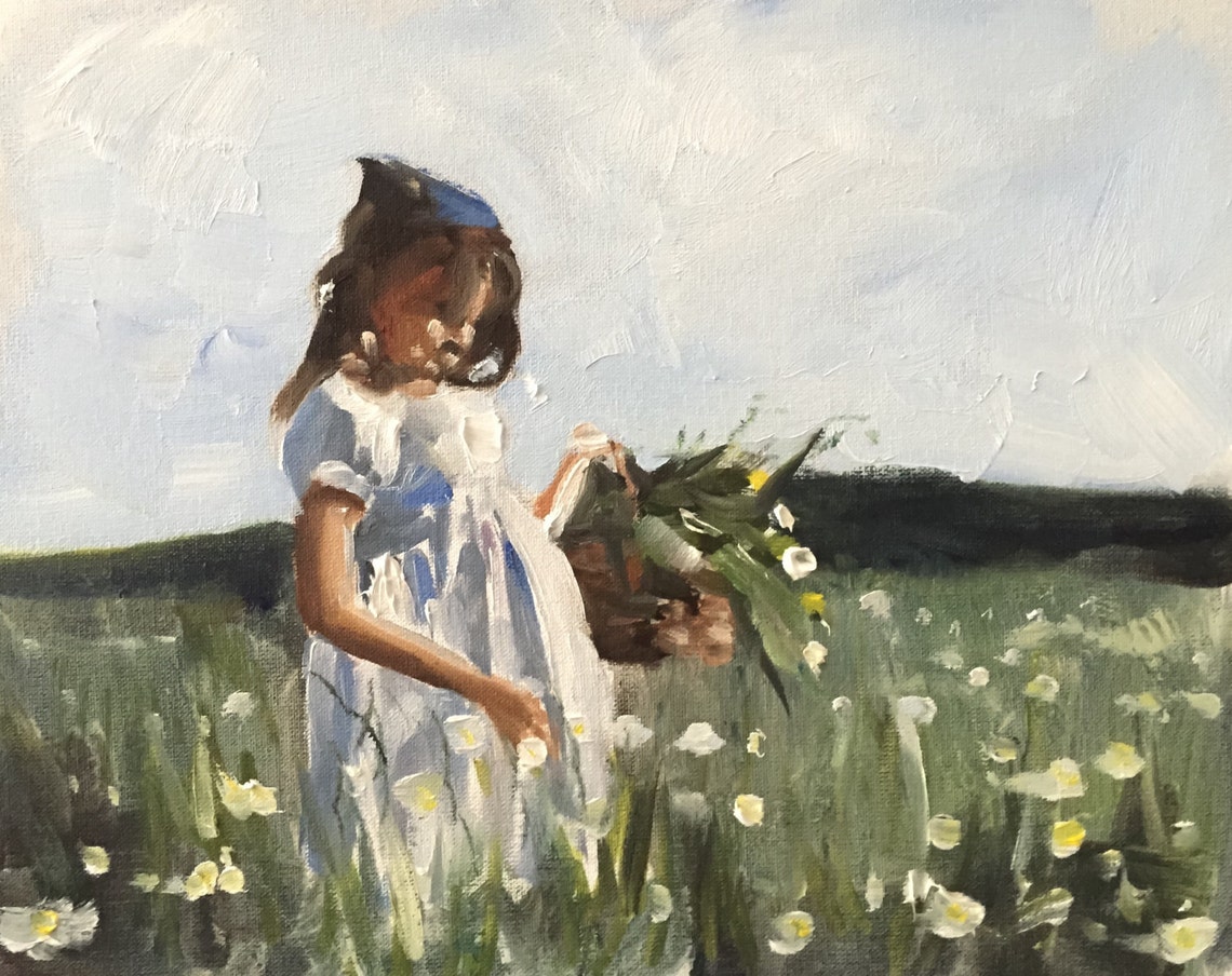 Girl Painting Country art PRINT Girl Picking Flowers Art Etsy
