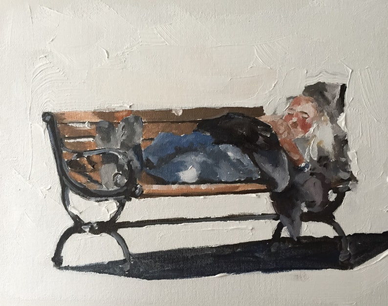 Man On Bench Painting Old Man Art Print Old Man On Bench Art Etsy
