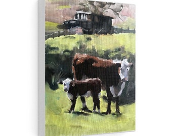Cow and Calf Oil Painting Print, Farmhouse Wall Art