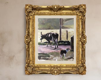 Cow and Dog Painting: Farm Animal Canvas Art Print