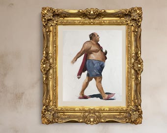 May include: Oil painting of a man in blue shorts and pink slippers, with a red garment draped over his shoulders, framed in an ornate gold frame. The artwork is displayed against a neutral wall.