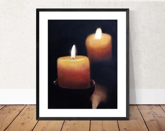 May include: Two lit candles in glass holders on a dark background. The candles are yellow and the flames are white.