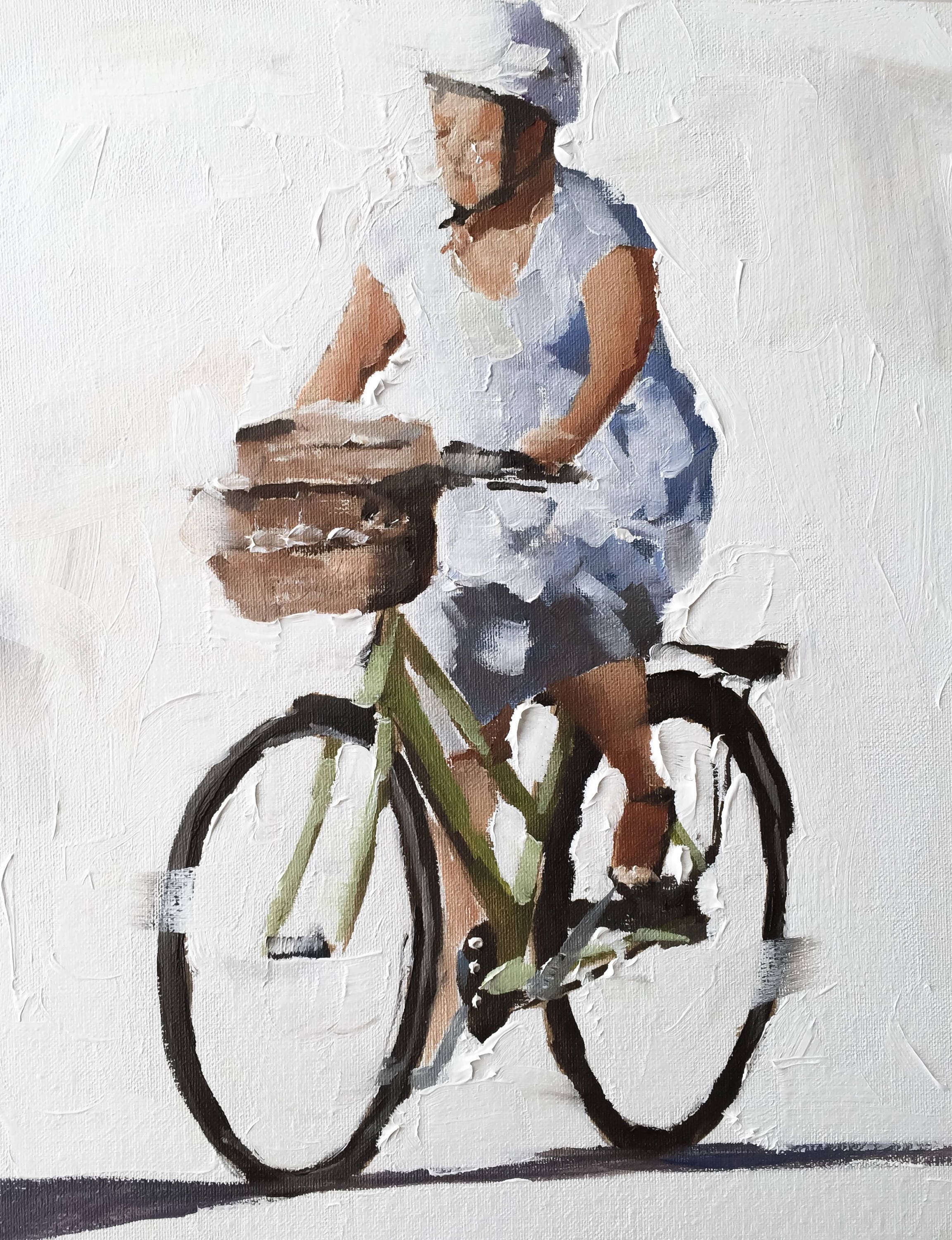 サイクリングアートプリント：自転車に乗る女性、オリジナル油絵