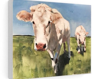 Cow Art Print, Farmhouse Oil Painting on Canvas