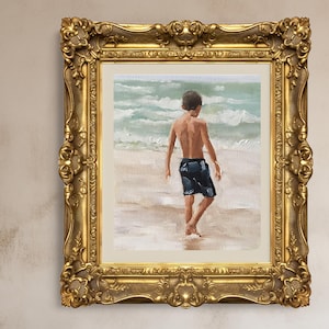 Pintura de niño en la playa, arte de playa, impresiones de playa, bellas artes para niños: pintura al óleo original de James Coates