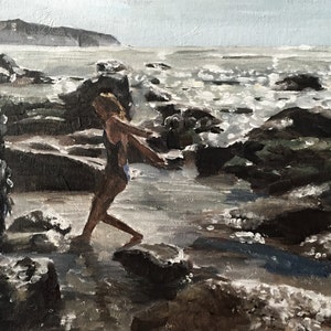 Girl on rocks Painting, Beach art ,Beach Prints, Fine Art - from original oil painting by James Coates