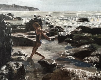 Girl on rocks Painting, Beach art ,Beach Prints, Fine Art - from original oil painting by James Coates