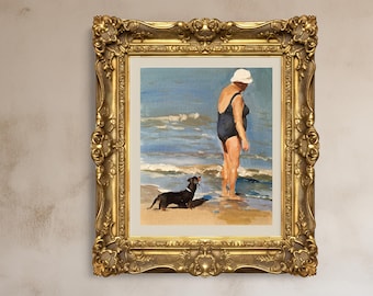 Woman and dog on beach - Painting Beach art - Beach Prints - Fine Art - from original oil painting by James Coates