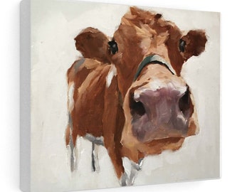 Brown Cow Portrait, Oil Painting Print, Farmhouse Art
