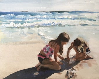 Children on Beach Art Print, Original Oil Painting by James Coates