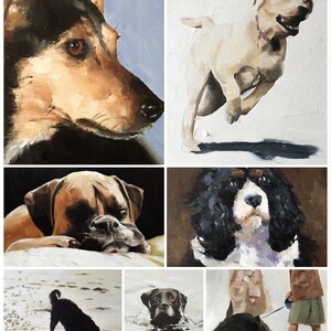 May include: A collage of six paintings featuring different dog breeds. The paintings are in a variety of styles, from realistic to impressionistic. The dogs are all depicted in different poses, some are looking at the viewer, while others are looking away. The paintings are all done in oil on canvas.
